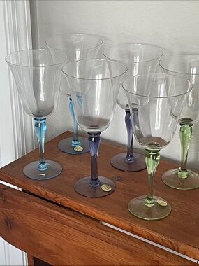 Block Melody NWT VTG Set of 6 Colored Handblown– Blue, Purple & Green Stems